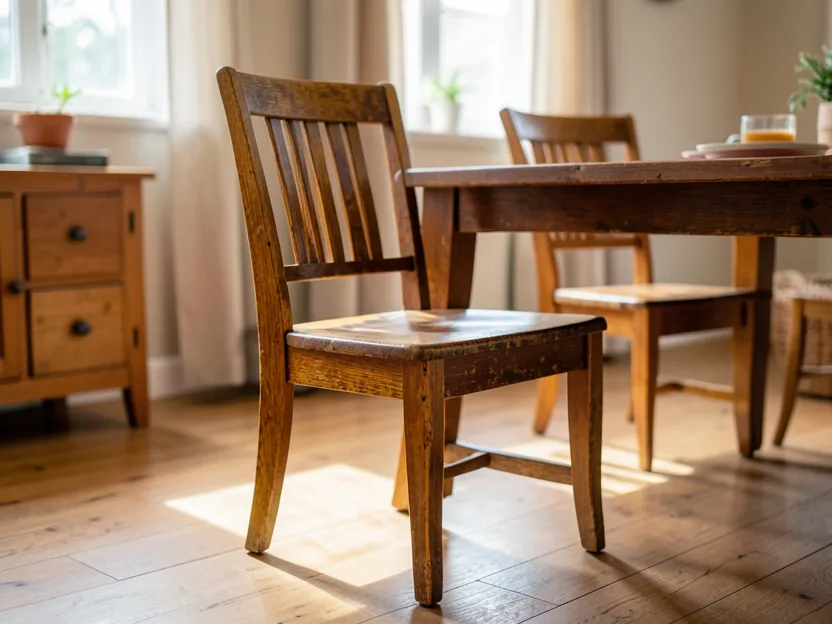Ash wood dining chair with a rich aged amber patina in a sunlit room