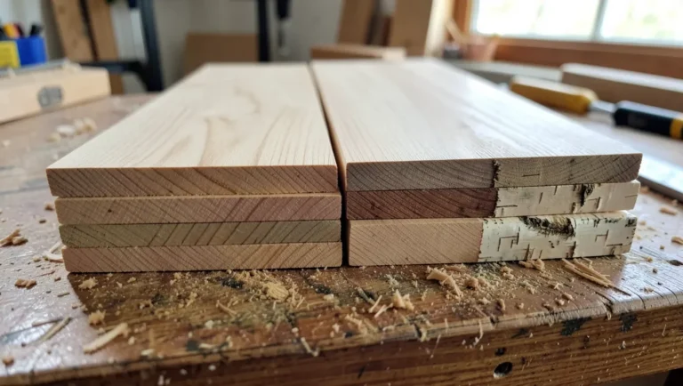 Stacks of alder and birch lumber boards side by side on a workshop bench, showing the grain and color difference