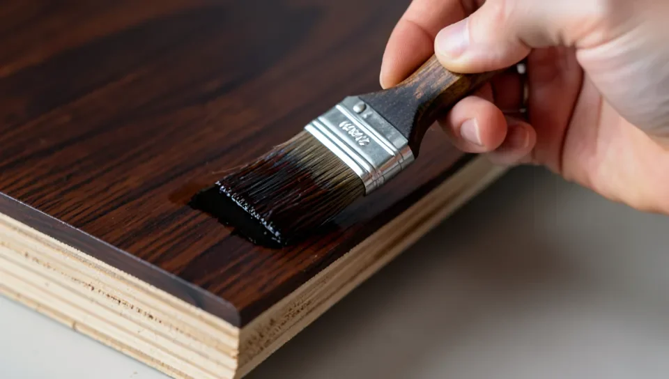 Applying dark wood stain with a brush