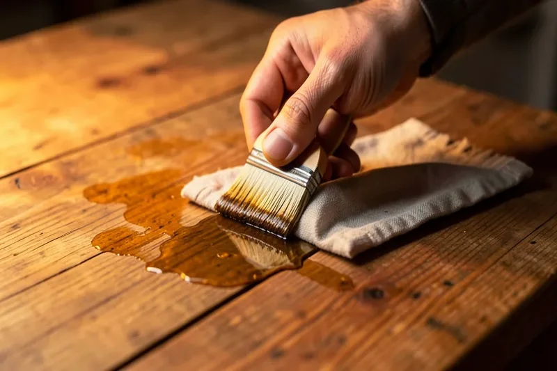 Rubbing boiled linseed oil into a wood surface with a cloth
