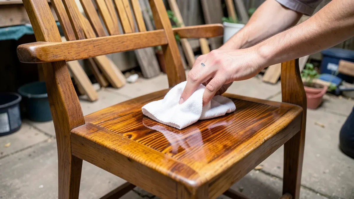 Wiping tung oil onto a wooden outdoor chair with a cloth