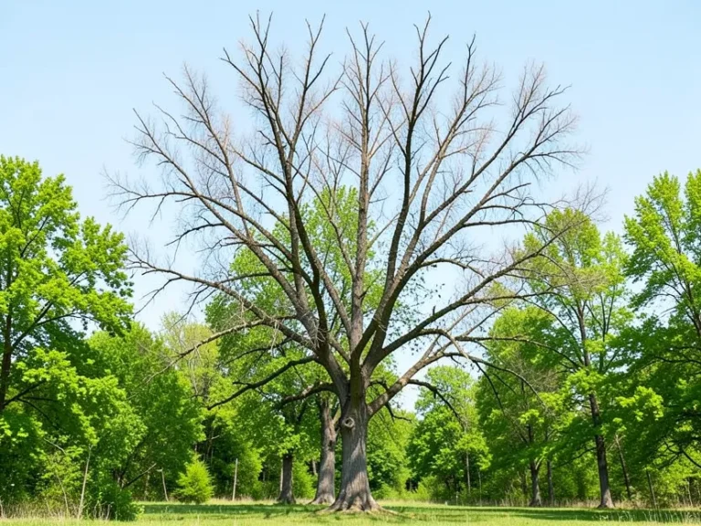Mature ash tree with a thinning crown and dead branches at the top, a sign of advanced borer infestation