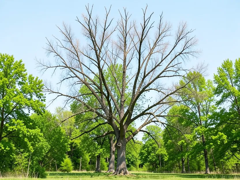 Mature ash tree with a thinning crown and dead branches at the top, a sign of advanced borer infestation