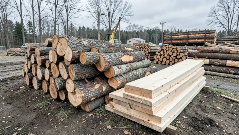 Stacked ash wood logs and milled lumber at a sawmill log yard ready for sale