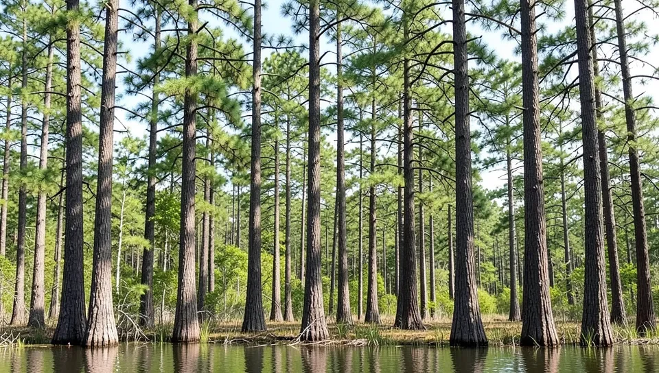 Bald cypress trees growing in wet, swampy conditions