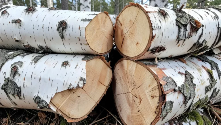 Split birch logs and ash logs stacked side by side showing bark differences
