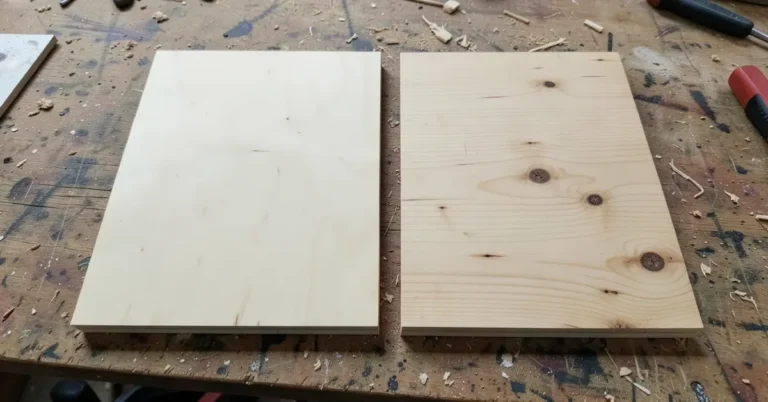 Birch plywood board next to a pine board with visible knots on a workshop bench