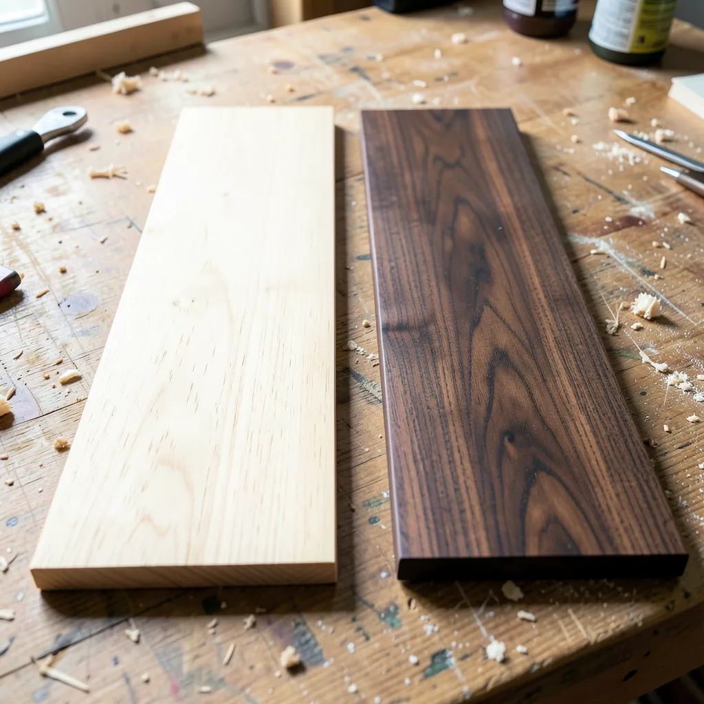 Birch and walnut wood planks side by side showing the color difference