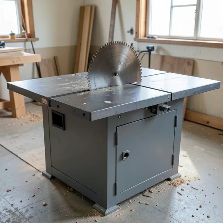 Cabinet saw enclosed base Close-up of a stationary cabinet table saw with fully enclosed base and dust collection port
