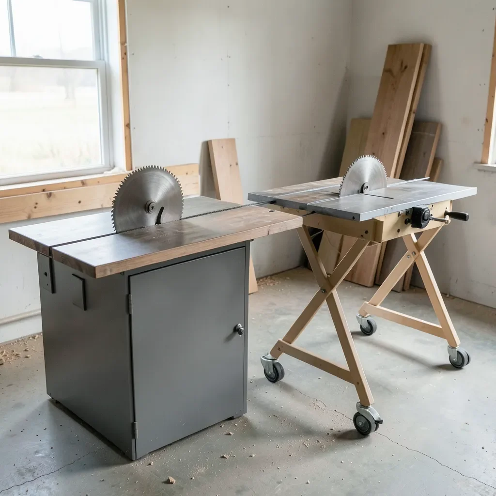 Cabinet saw with enclosed base next to a portable table saw on a wheeled folding stand