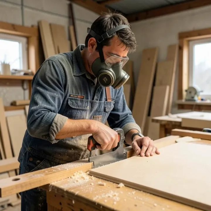 Woodworker wearing a respirator while cutting MDF board