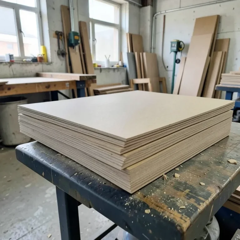 Stacked sheets of MDF board in a workshop