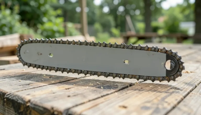 Chainsaw guide bar and saw chain with visible drive links on a workbench