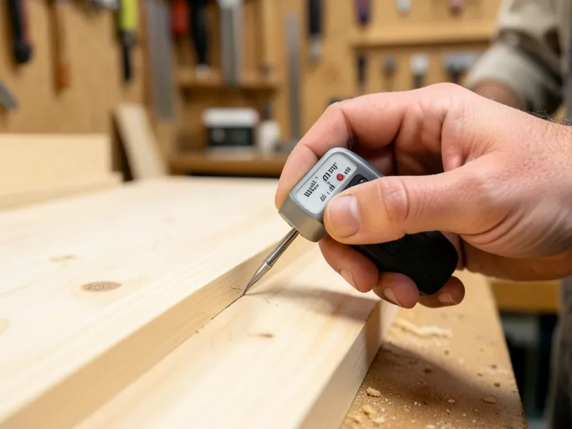 Woodworker checking a hardwood board's moisture content with a pin-type meter before starting a project