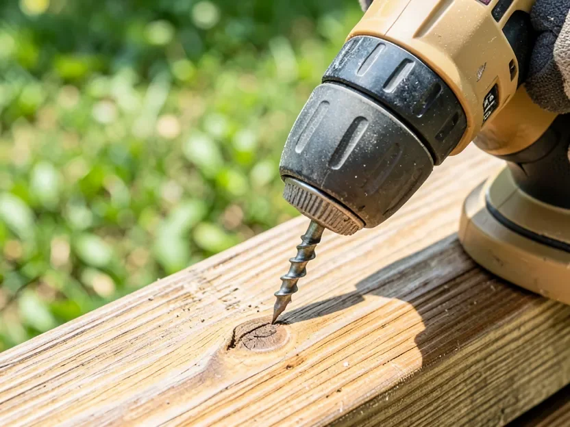 Cordless drill driving a coated deck screw into a pressure-treated lumber board