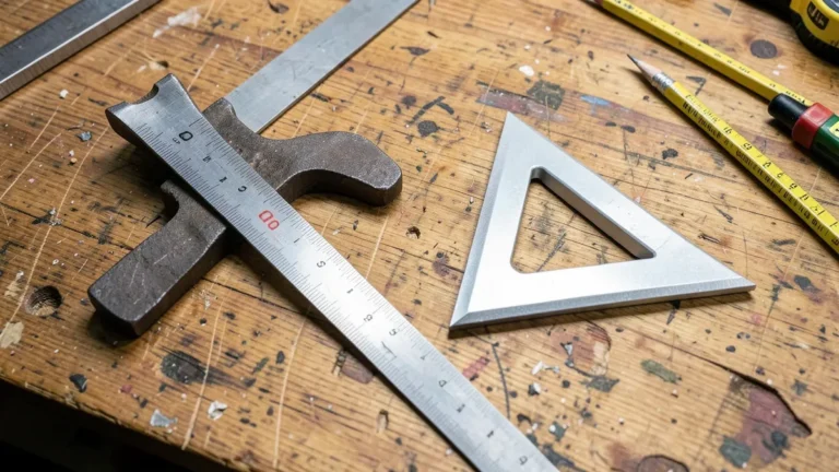 A combination square and a speed square side by side on a workbench