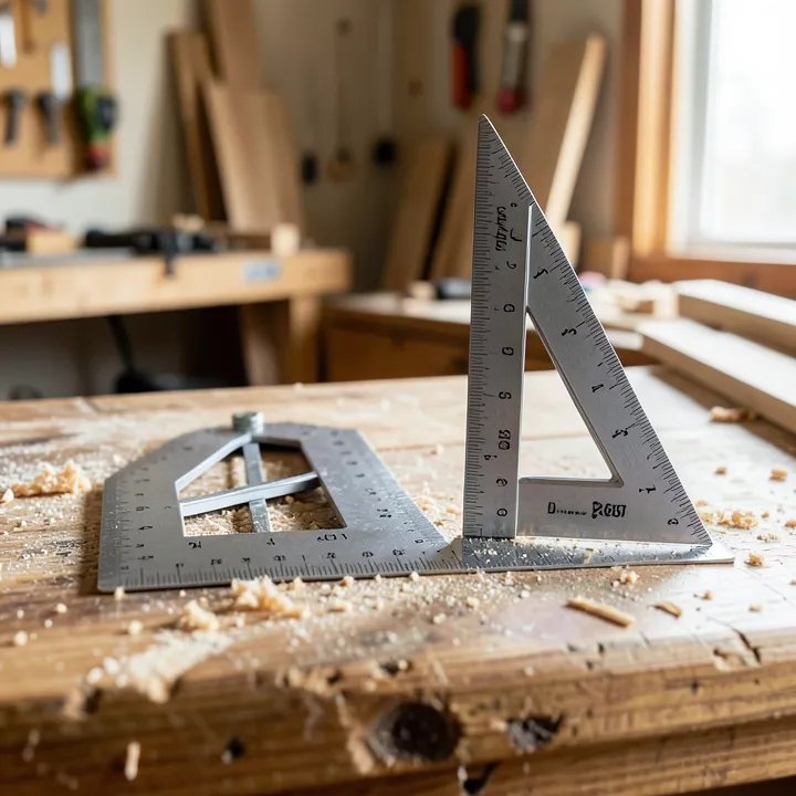 A combination square and a speed square side by side on a workbench