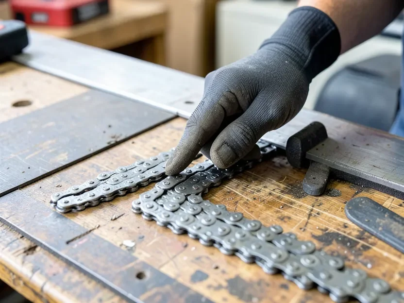 Counting individual drive links on a chainsaw chain laid next to the guide bar