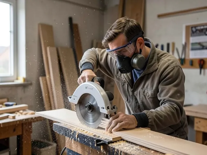 Woodworker wearing safety glasses and a respirator mask while cutting an MDF board with a circular saw