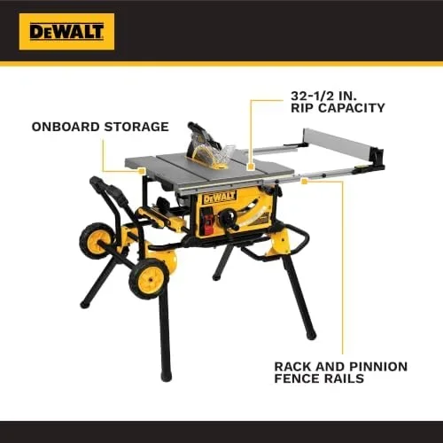 DEWALT DWE7491RS 10-inch jobsite table saw with rolling stand and rack-and-pinion fence