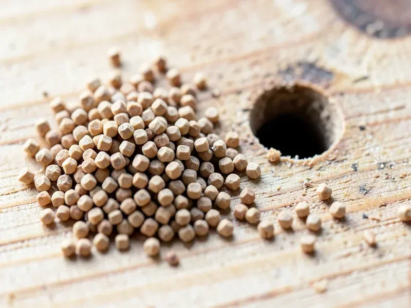 Hexagonal drywood termite frass pellets piled next to a small exit hole in raw wood