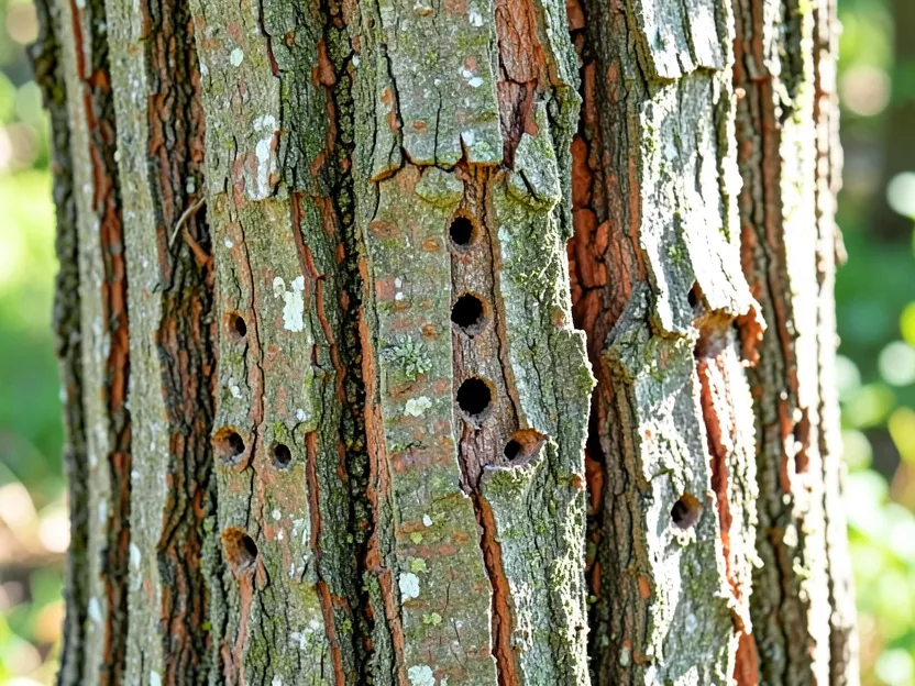 Close-up of D-shaped emerald ash borer exit holes and vertical bark splitting on an ash tree trunk