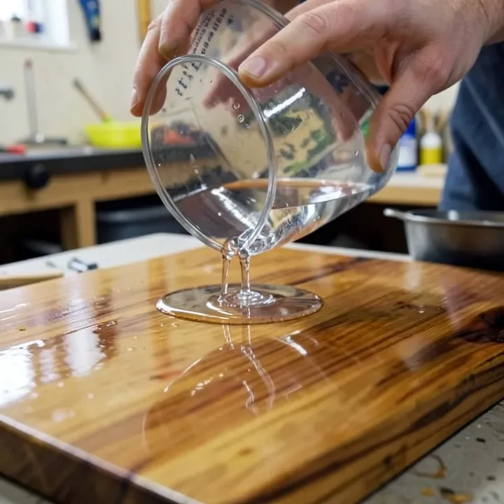 Clear epoxy resin being poured over a wooden river table