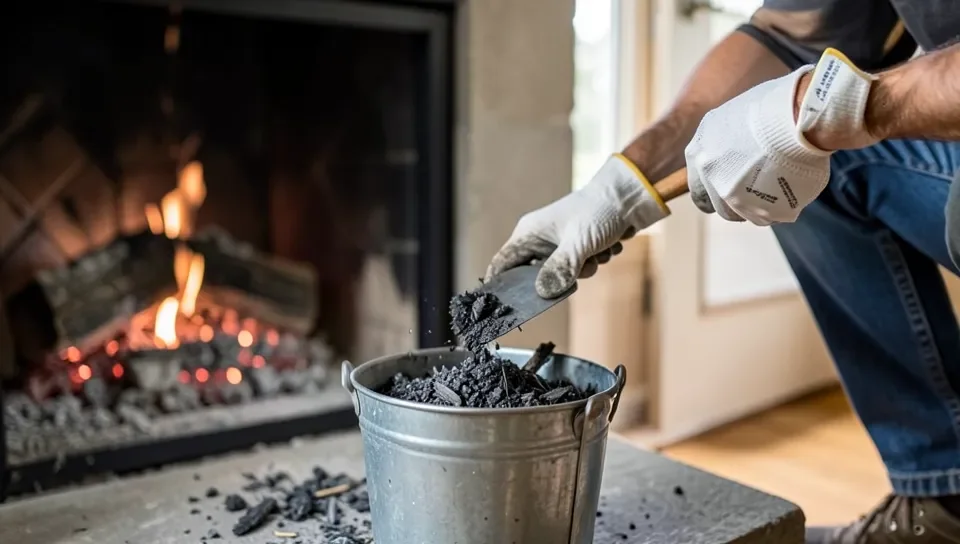 A gloved hand scooping ash from a fireplace