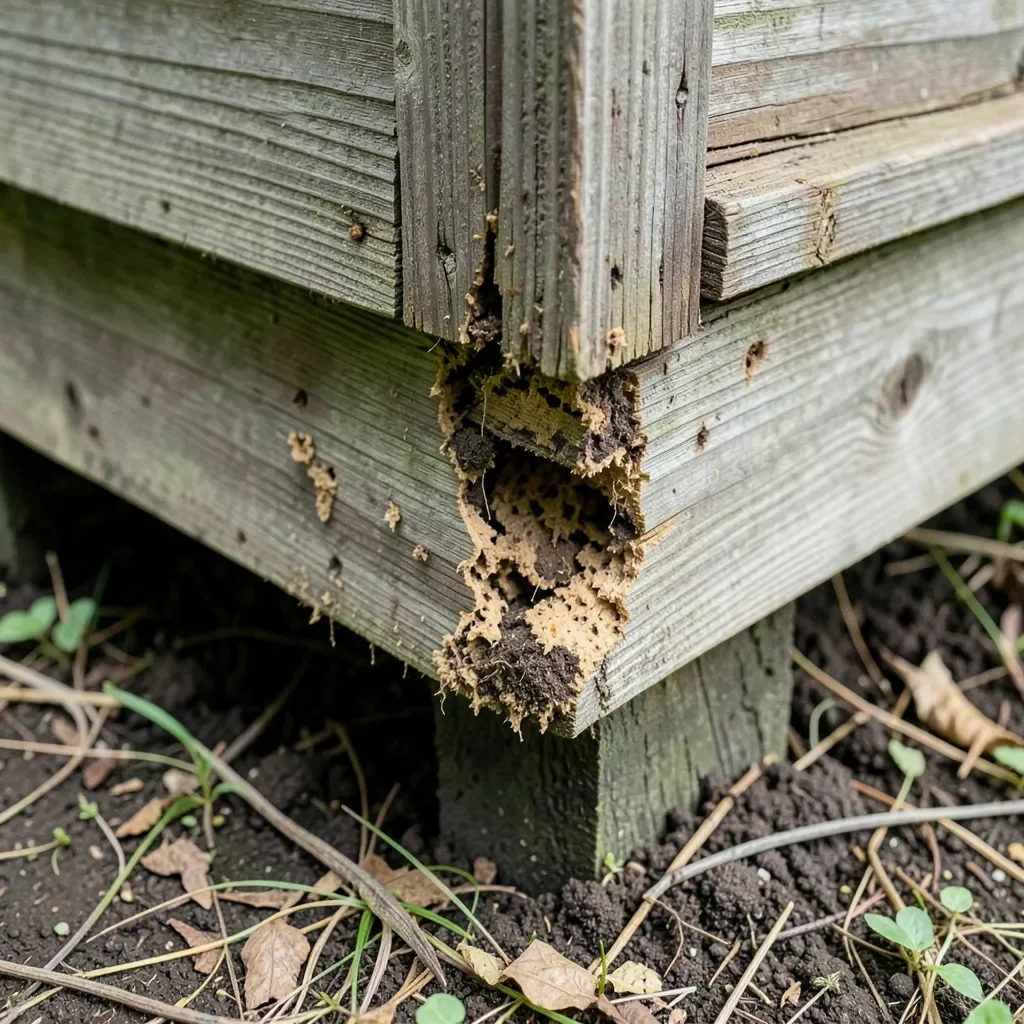 Wooden house foundation beam with termite damage exposed