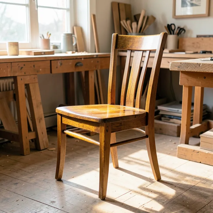 Ash wood dining chair with a rich aged amber patina in a sunlit room