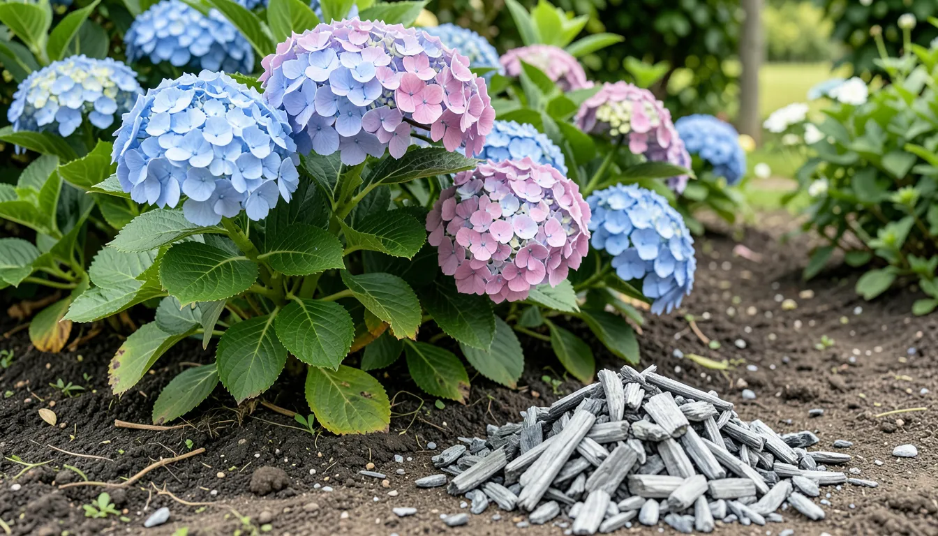 Blue and pink hydrangea flowers next to a pile of wood ash in a garden bed
