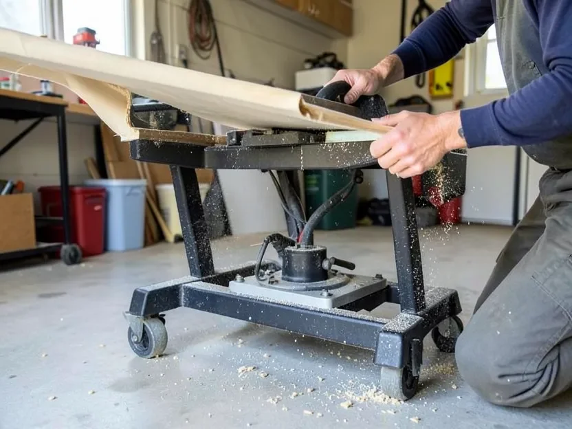 Contractor unfolding the wheeled rolling stand of a portable jobsite table saw