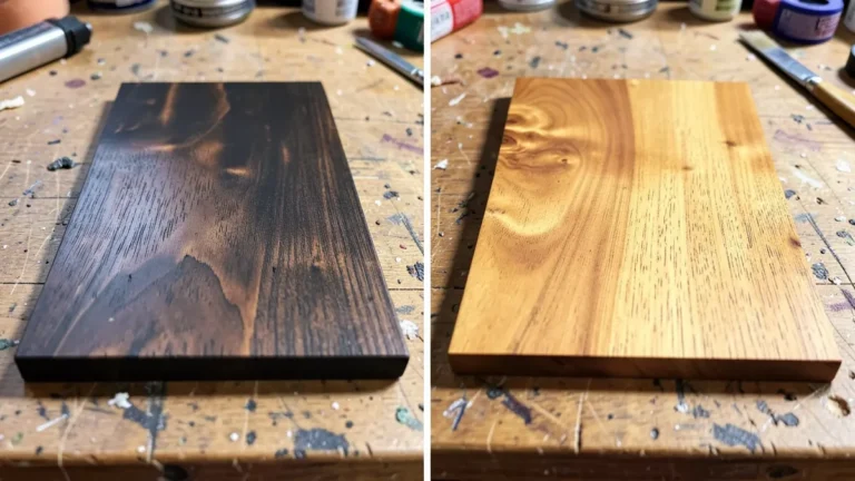 Side by side comparison of a dark stained wood board and a natural amber linseed-oiled wood board