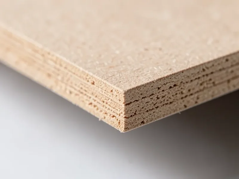Close-up of the cut edge of an MDF board showing its dense fine wood fiber texture