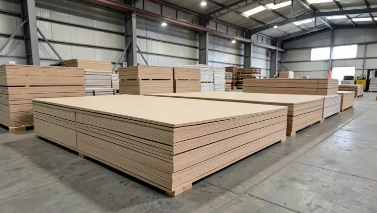 Stacks of finished MDF board sheets at a factory