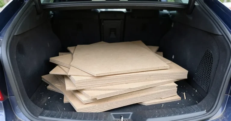 Stack of cut MDF board sheets loaded for a trip to the waste recycling center