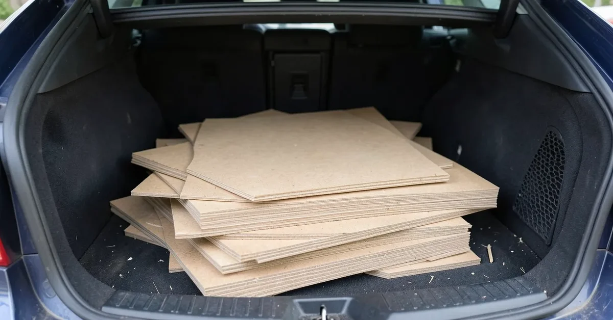 Stack of cut MDF board sheets loaded for a trip to the waste recycling center