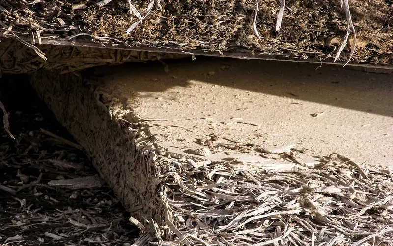 MDF edge swelling and fiber breakdown from moisture Close-up of a fiberboard panel edge showing swelling and fiber breakdown after prolonged moisture exposure