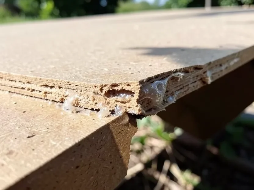 Close-up of an MDF board edge swollen and delaminating after water exposure