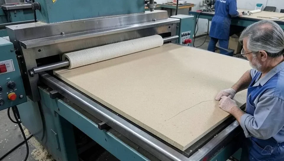 Industrial hot press forming an MDF panel under heat and pressure