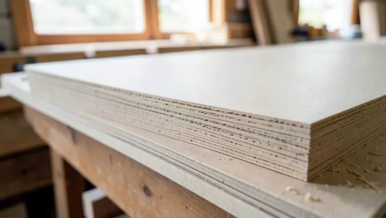 Stack of MDF sheets showing the dense compressed fiber edge in a woodworking workshop