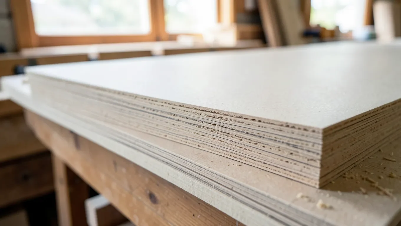 Stack of MDF sheets showing the dense compressed fiber edge in a woodworking workshop