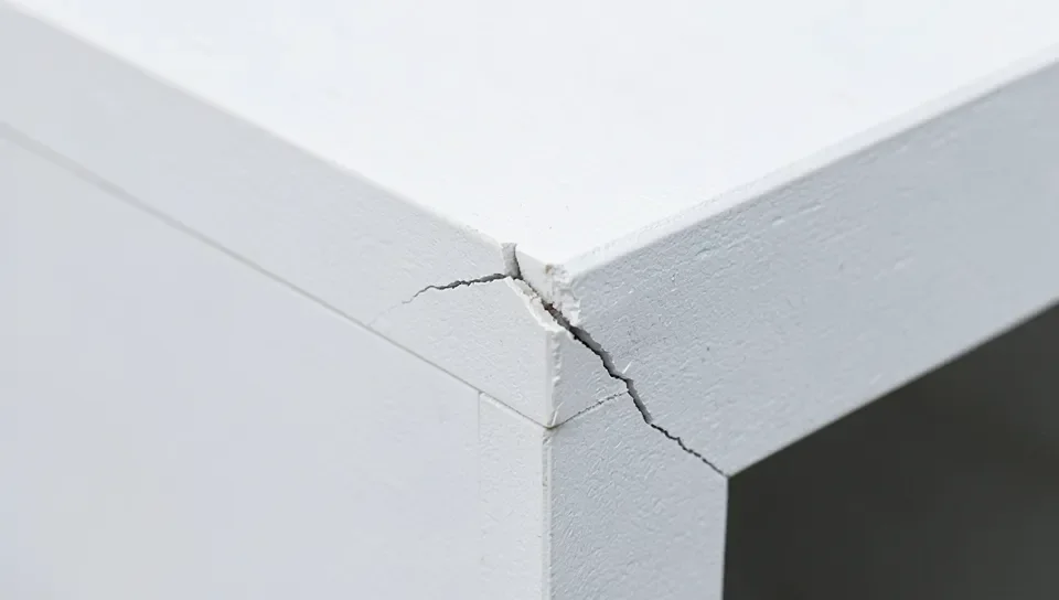 A split corner in an MDF board from a fastener placed too close to the edge