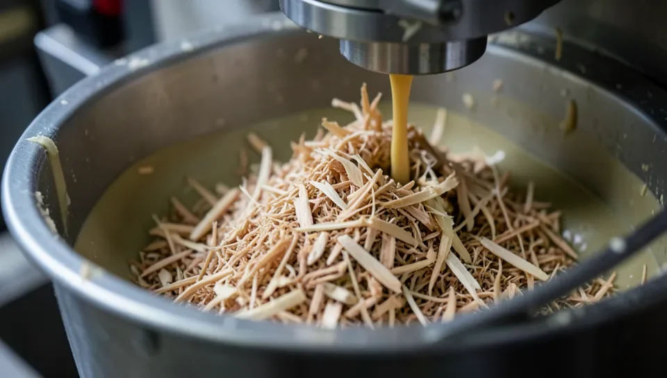 Wood fibers blended with resin during MDF production