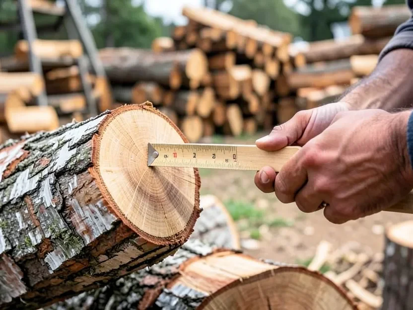 Measuring the diameter of a cut ash log with a scale stick before selling it