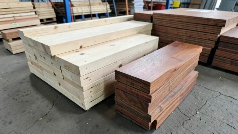 Pine boards next to cypress boards showing their color difference