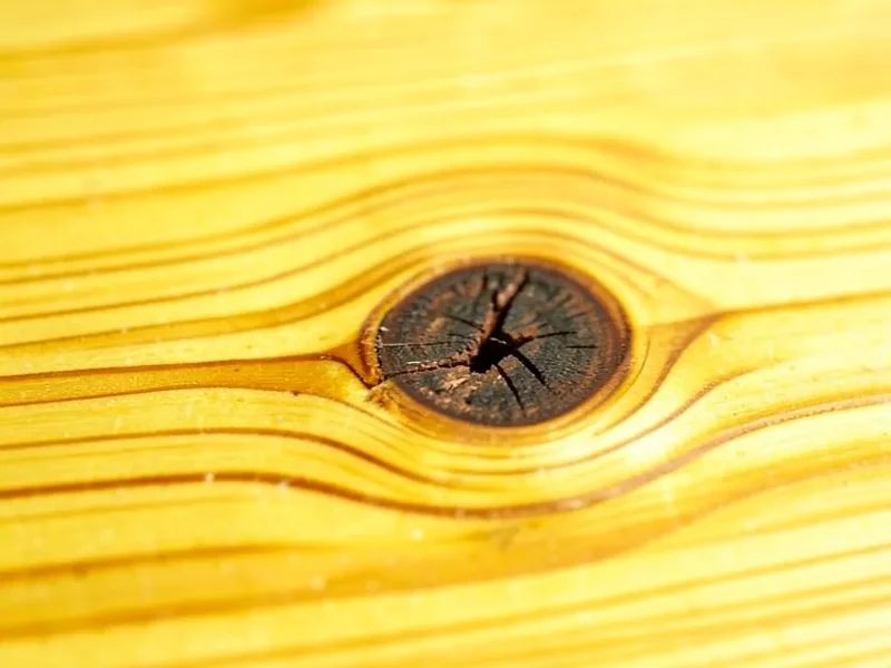 Close-up of a pine wood knot surrounded by straight grain