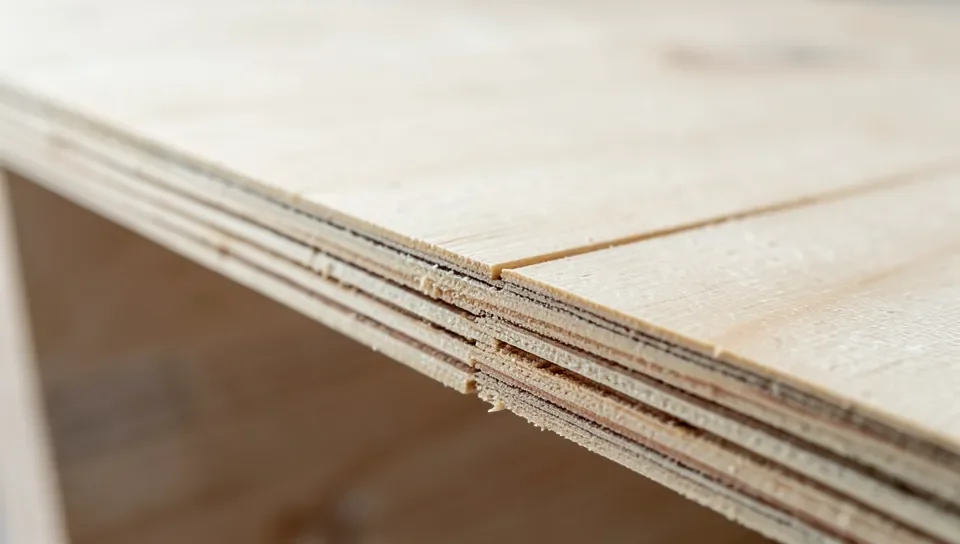 The edge of a plywood sheet showing cross-grain layers