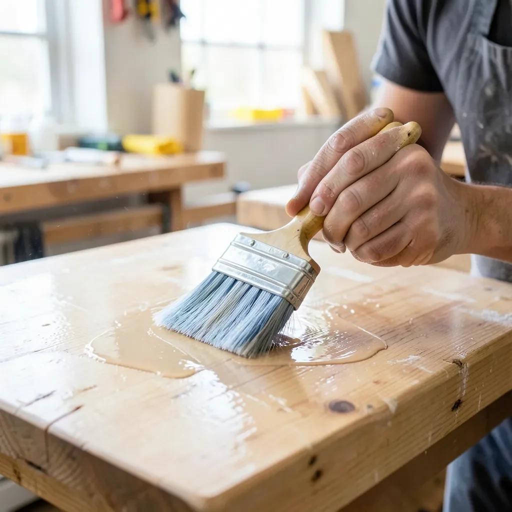A woodworker applying a clear protective finish with a foam brush onto a wooden tabletop