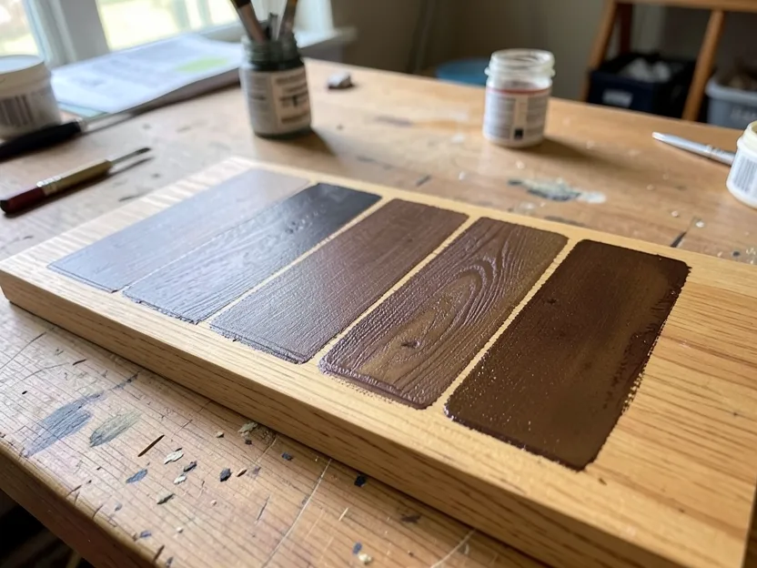 Wood stain color swatches tested on an oak board showing different shade options